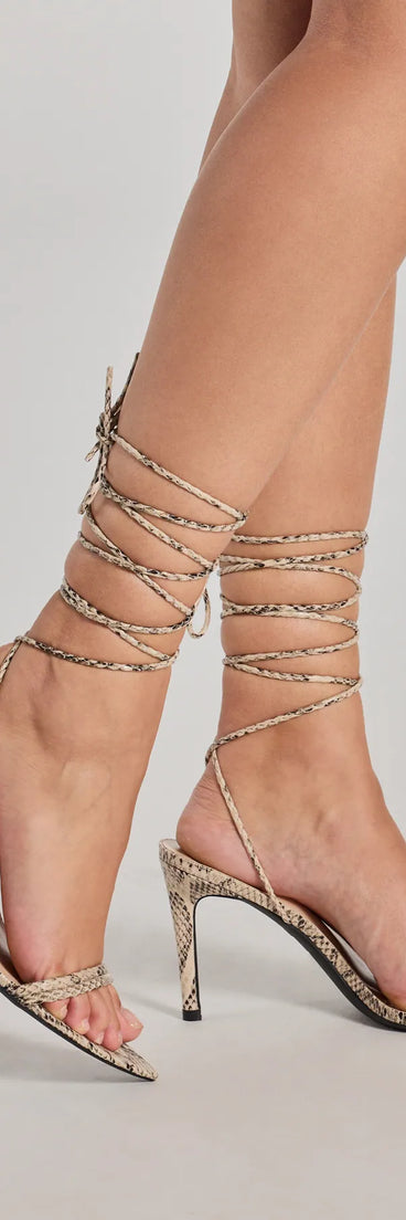 Elevate your work wardrobe with the Sassy Snake Print Lace-Up Stiletto Heels in snake, a versatile women's shoe perfect for the office; that combines style with comfort for seamless desk-to-dinner transitions.
