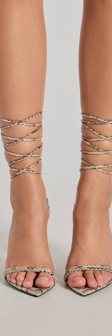 Elevate your work wardrobe with the Sassy Snake Print Lace-Up Stiletto Heels in snake, a versatile women's shoe perfect for the office; that combines style with comfort for seamless desk-to-dinner transitions.