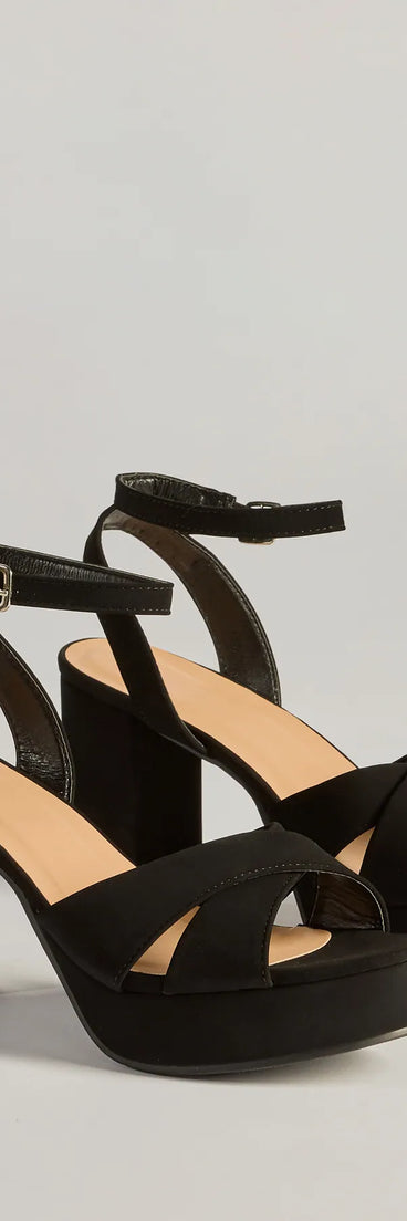 Major Stunner Criss-Cross Platform Block Heels, a trendy black addition to women's going-out outfits, is ideal for Christmas party outfits, chic NYE attire, or winter night-out looks that keep you on-trend!