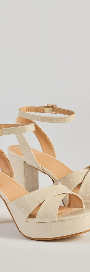 Elevate your work wardrobe with the Trendy Moment Faux Croc-Embossed Criss-Cross Platform Heels in ivory, a versatile women's shoe perfect for the office; that combines style with comfort for seamless desk-to-dinner transitions.