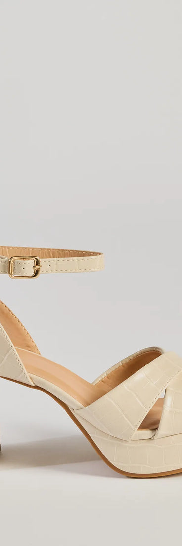 Elevate your work wardrobe with the Trendy Moment Faux Croc-Embossed Criss-Cross Platform Heels in ivory, a versatile women's shoe perfect for the office; that combines style with comfort for seamless desk-to-dinner transitions.