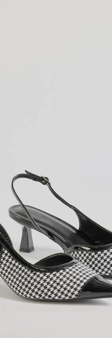 
Upgrade your style game for 2025 with the Pattern Play Houndstooth Sling-Back Kitten Heel Pumps in black, perfect for any fashion-forward wardrobe.