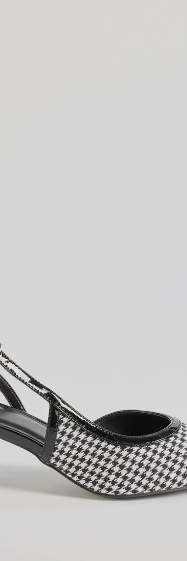 
Upgrade your style game for 2025 with the Pattern Play Houndstooth Sling-Back Kitten Heel Pumps in black, perfect for any fashion-forward wardrobe.