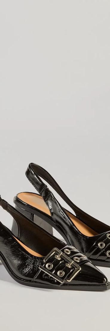 Edgy Glam Faux Patent Leather Slingback Buckle Pumps