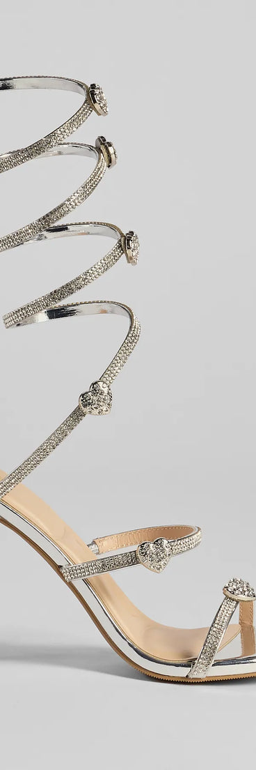 Turn heads in the Sparkly Stride Metallic Spiral Strap Stiletto Heels, silver heels showcasing a fresh trend or stylish detail made to elevate your full Windsor fit.