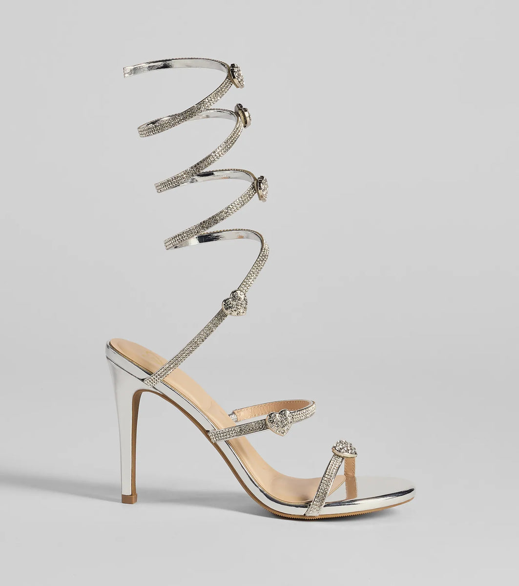 zora silver diamante spiral heels