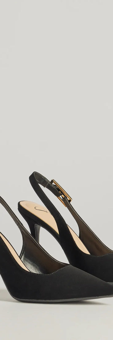 Step into style with the Classically Chic Buckle Slingback Pumps, black heels made to complete your Windsor look with comfort and glam in mind.
