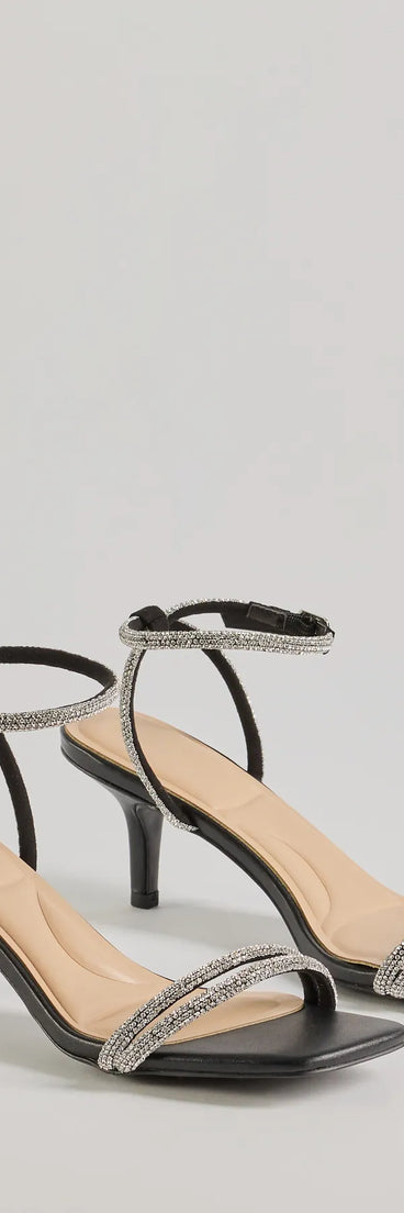 Step into the New Year with glam in the black Chic Glamour Rhinestone Strappy Stiletto Kitten Heels, a pair of chic women’s shoes to complete your NYE outfit designed with statement-making details and fashion-forward style for festive night-out looks.