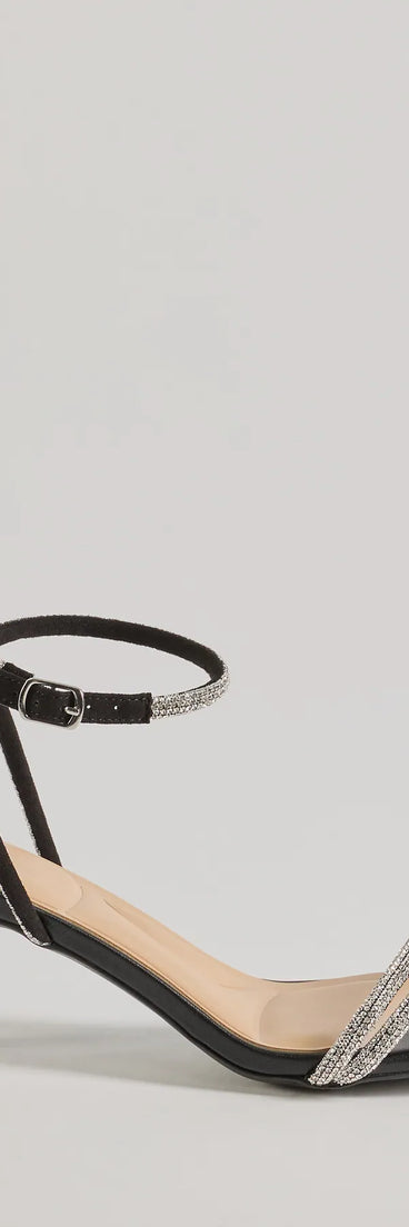 Step into the New Year with glam in the black Chic Glamour Rhinestone Strappy Stiletto Kitten Heels, a pair of chic women’s shoes to complete your NYE outfit designed with statement-making details and fashion-forward style for festive night-out looks.