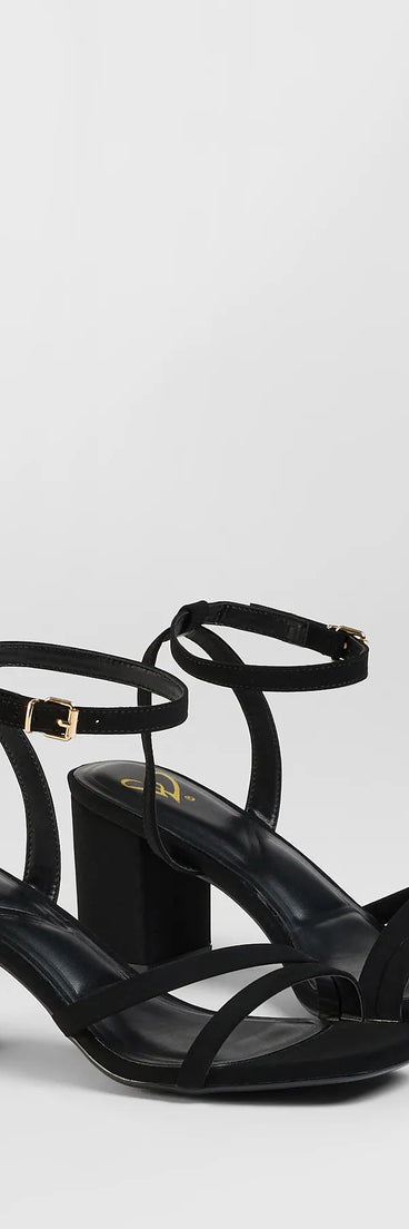 Step into style with the Step Into Chic Strappy Block Heels, black heels made to complete your Windsor look with comfort and glam in mind.