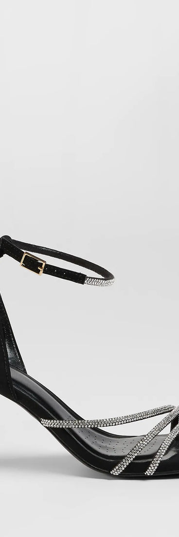 Elevate warm-weather looks with So Icy Rhinestone Kitten Stiletto Heels in black, a pair of trendy sandals bringing chic, modern flair to every step.