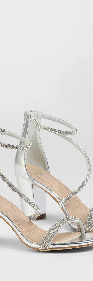 Step into style with the Love To Sparkle Rhinestone Strap Block Heels, silver heels made to complete your Windsor look with comfort and glam in mind.