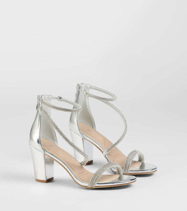 The Love To Sparkle Rhinestone Strap Block Heels in silver brings sleek style to any graduation outfit, from cap and gown to after-party.