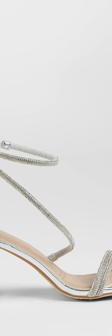 Elevate warm-weather looks with Love To Sparkle Rhinestone Strap Block Heels in silver, a pair of trendy sandals bringing chic, modern flair to every step.