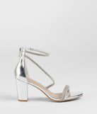 The Love To Sparkle Rhinestone Strap Block Heels in silver brings sleek style to any graduation outfit, from cap and gown to after-party.