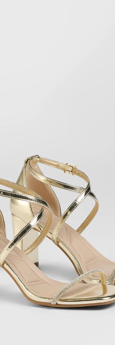 Step into style with the Pure Magic Rhinestone Metallic Block Heels, gold heels made to complete your Windsor look with comfort and glam in mind.