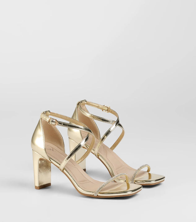 The Pure Magic Rhinestone Metallic Block Heels in gold brings sleek style to any graduation outfit, from cap and gown to after-party.
