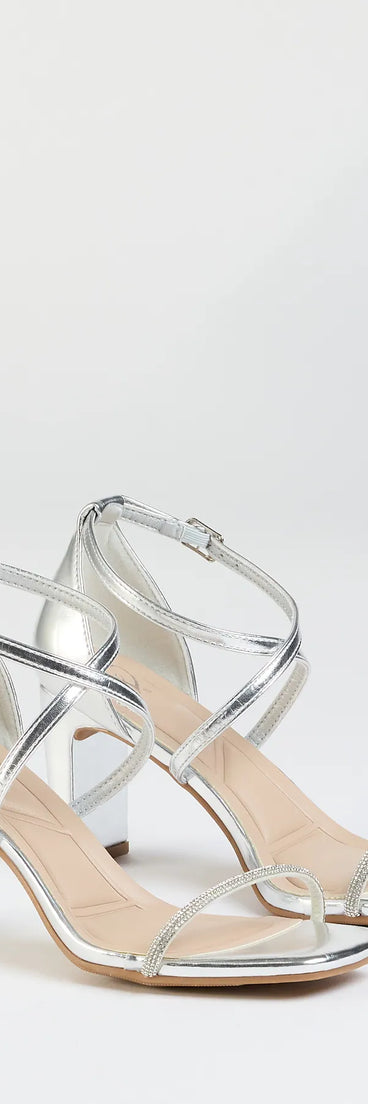 Step into style with the In The Limelight Rhinestone Strap Metallic Heels, silver heels made to complete your Windsor look with comfort and glam in mind.