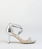 The In The Limelight Rhinestone Strap Metallic Heels in silver brings sleek style to any graduation outfit, from cap and gown to after-party.