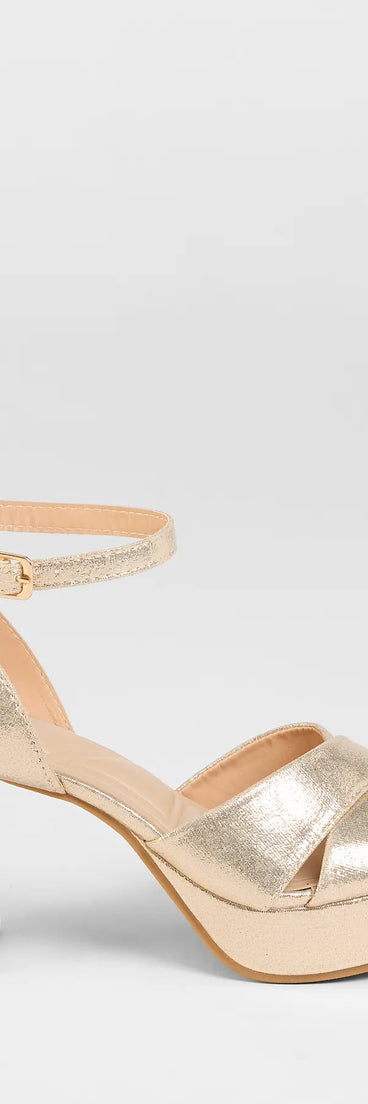Get inspired with the Special Surprise Criss Cross Platform Block Heels, a feed-worthy gold piece that’s part of Windsor's updated and curated women’s clothing edit packed with must-have fall outfit ideas.