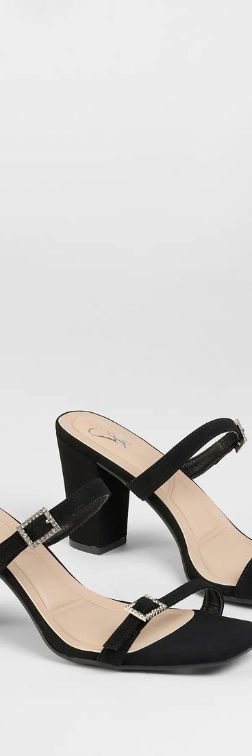 Step into style with the On The Down Low Rhinestone Buckle Mules, black heels made to complete your Windsor look with comfort and glam in mind.