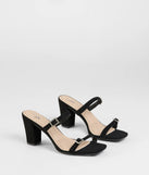 The On The Down Low Rhinestone Buckle Mules in black brings sleek style to any graduation outfit, from cap and gown to after-party.