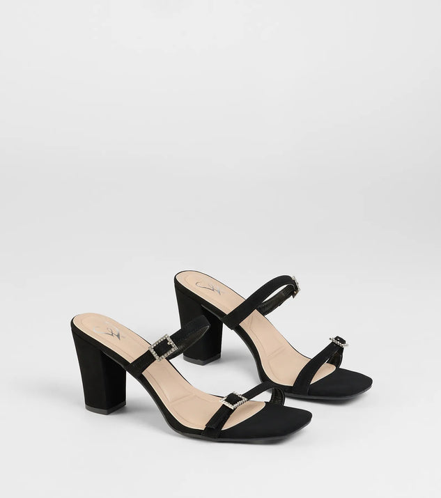 The On The Down Low Rhinestone Buckle Mules in black brings sleek style to any graduation outfit, from cap and gown to after-party.