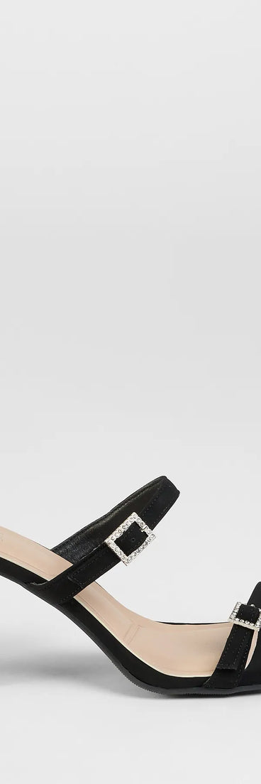 The On The Down Low Rhinestone Buckle Mules in black brings sleek style to any graduation outfit, from cap and gown to after-party.