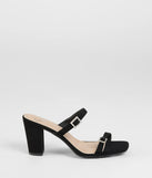 The On The Down Low Rhinestone Buckle Mules in black brings sleek style to any graduation outfit, from cap and gown to after-party.