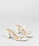 The On The Down Low Rhinestone Buckle Mules in white brings sleek style to any graduation outfit, from cap and gown to after-party.