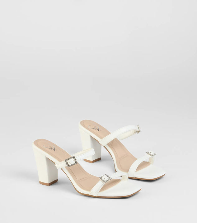 The On The Down Low Rhinestone Buckle Mules in white brings sleek style to any graduation outfit, from cap and gown to after-party.