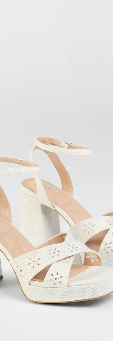 Step into style with the Resort Ready Eyelet Linen Platform Block Heels, ivory heels made to complete your Windsor look with comfort and glam in mind.
