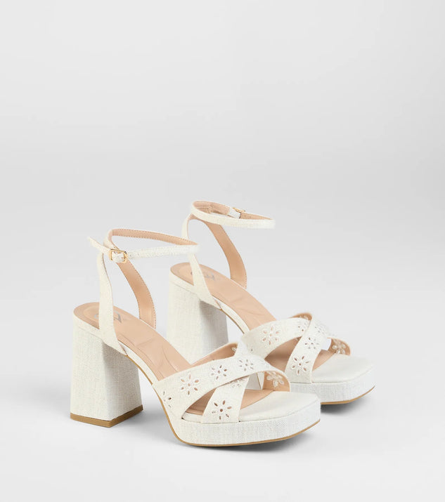 Resort Ready Eyelet Linen Platform Block Heels