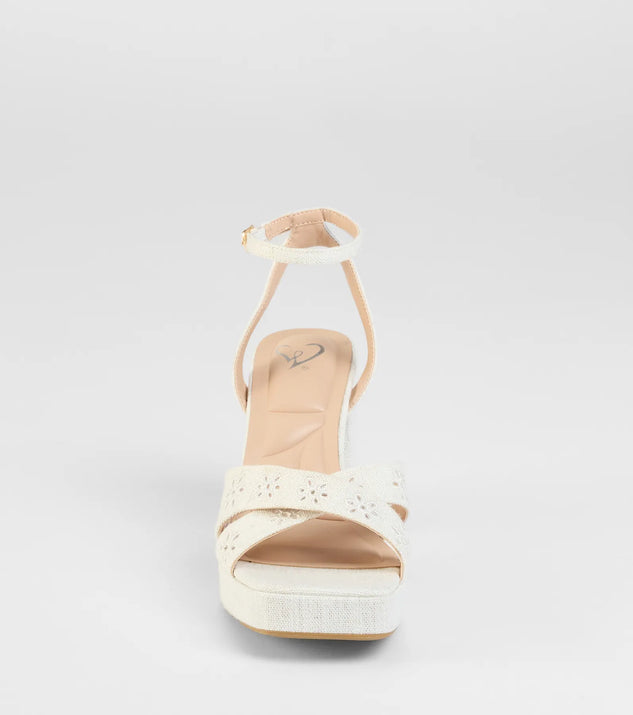 Resort Ready Eyelet Linen Platform Block Heels