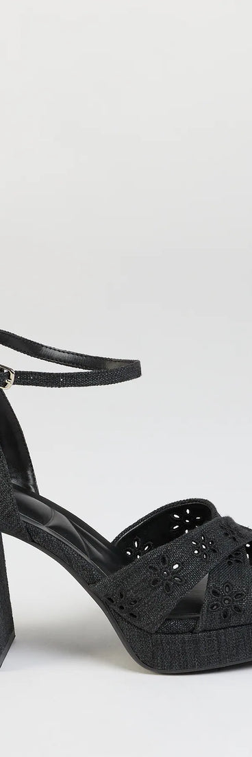 Elevate warm-weather looks with Darling Sunshine Eyelet Platform Block Heels in black, a pair of trendy sandals bringing chic, modern flair to every step.