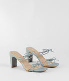The Finest Hour Bow Strappy Mules in blue brings sleek style to any graduation outfit, from cap and gown to after-party.