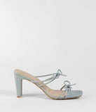 The Finest Hour Bow Strappy Mules in blue brings sleek style to any graduation outfit, from cap and gown to after-party.