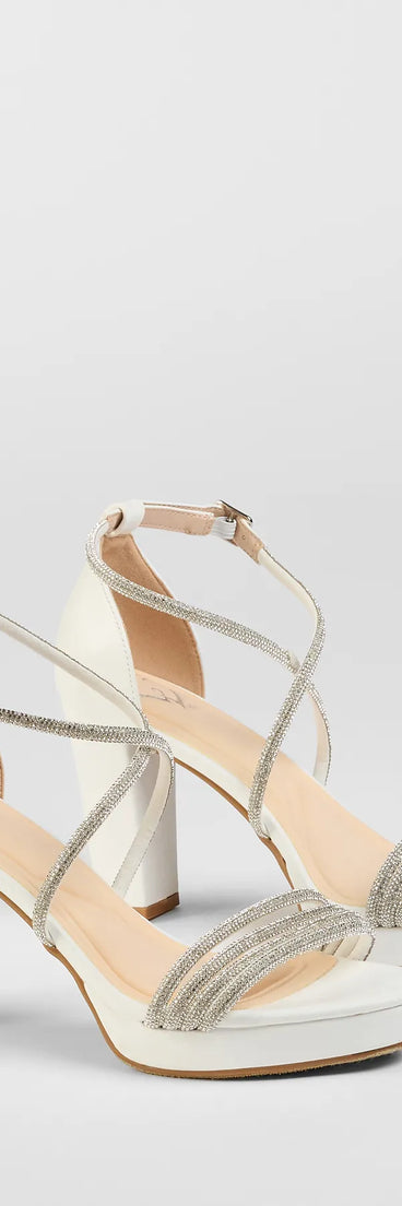 Step into style with the Night Shimmer Rhinestone Platform Block Heels, white heels made to complete your Windsor look with comfort and glam in mind.