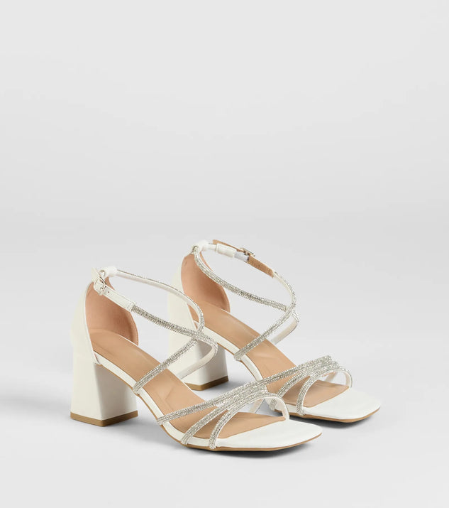The A-List Glam Rhinestone Strappy Block Heels in white brings sleek style to any graduation outfit, from cap and gown to after-party.