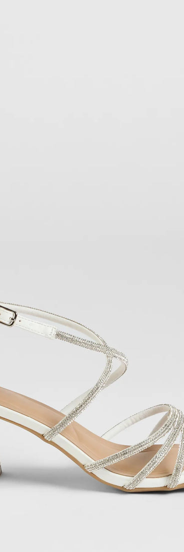The A-List Glam Rhinestone Strappy Block Heels in white brings sleek style to any graduation outfit, from cap and gown to after-party.