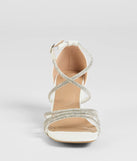 The A-List Glam Rhinestone Strappy Block Heels in white brings sleek style to any graduation outfit, from cap and gown to after-party.