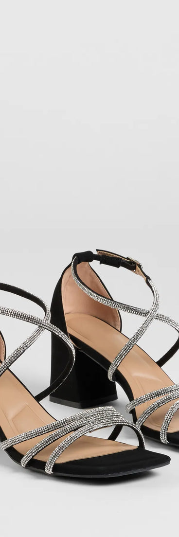 Step into style with the A-List Glam Rhinestone Strappy Block Heels, black heels made to complete your Windsor look with comfort and glam in mind.