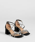 The A-List Glam Rhinestone Strappy Block Heels in black brings sleek style to any graduation outfit, from cap and gown to after-party.