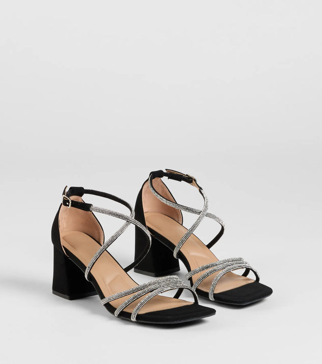 The A-List Glam Rhinestone Strappy Block Heels in black brings sleek style to any graduation outfit, from cap and gown to after-party.