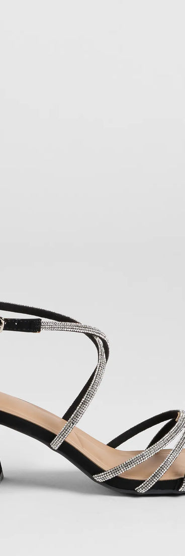 The A-List Glam Rhinestone Strappy Block Heels in black brings sleek style to any graduation outfit, from cap and gown to after-party.