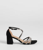 The A-List Glam Rhinestone Strappy Block Heels in black brings sleek style to any graduation outfit, from cap and gown to after-party.