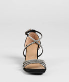 The A-List Glam Rhinestone Strappy Block Heels in black brings sleek style to any graduation outfit, from cap and gown to after-party.