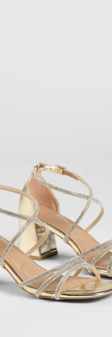 Step into style with the A-List Glam Rhinestone Strappy Block Heels, gold heels made to complete your Windsor look with comfort and glam in mind.