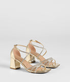 The A-List Glam Rhinestone Strappy Block Heels in gold brings sleek style to any graduation outfit, from cap and gown to after-party.