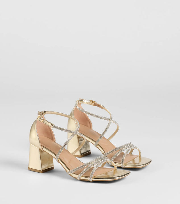 The A-List Glam Rhinestone Strappy Block Heels in gold brings sleek style to any graduation outfit, from cap and gown to after-party.